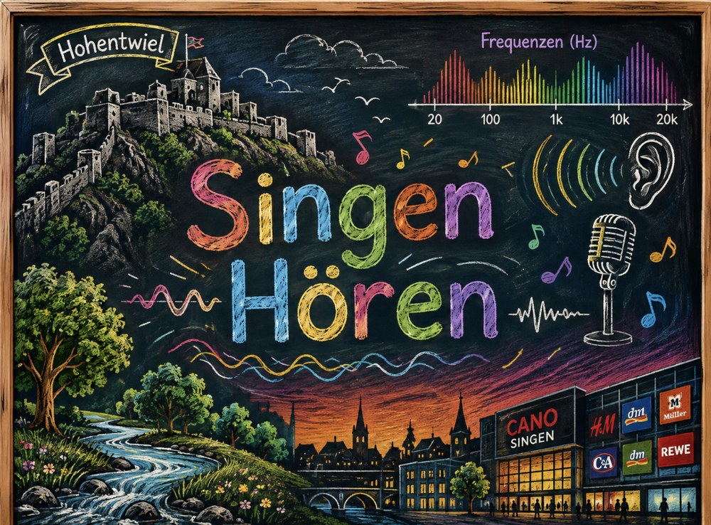 Singen hören – Illustration mit Hohentwiel, Klangwellen und Mikrofon